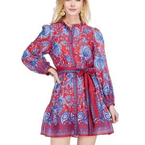 Joy Joy Button Front Flutter Hem Dress Blue Vines XS NWOT